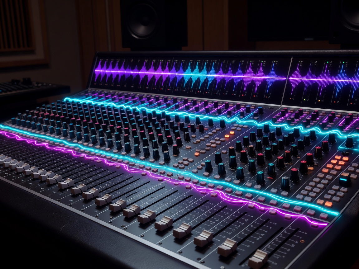 Audio console with glowing visual effects and light arrays
