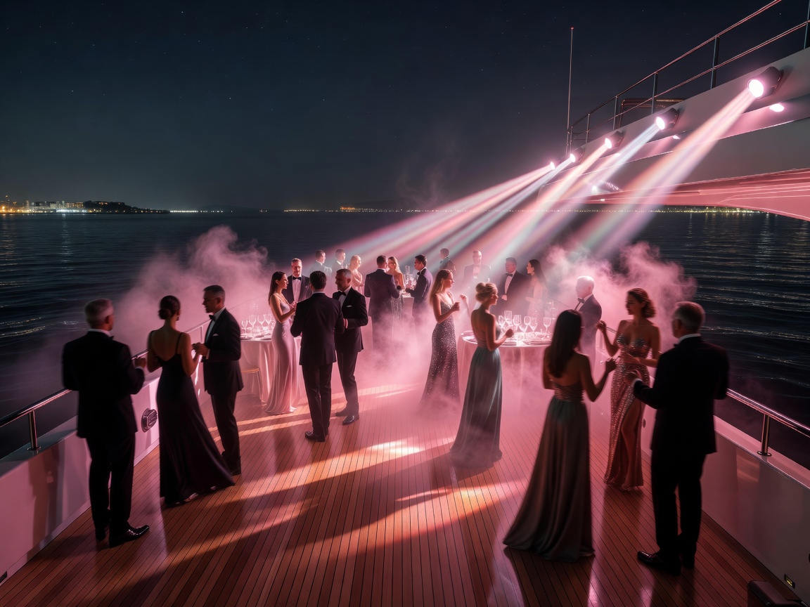 Dynamic light beams glowing in pearlescent pink on luxury party boat deck