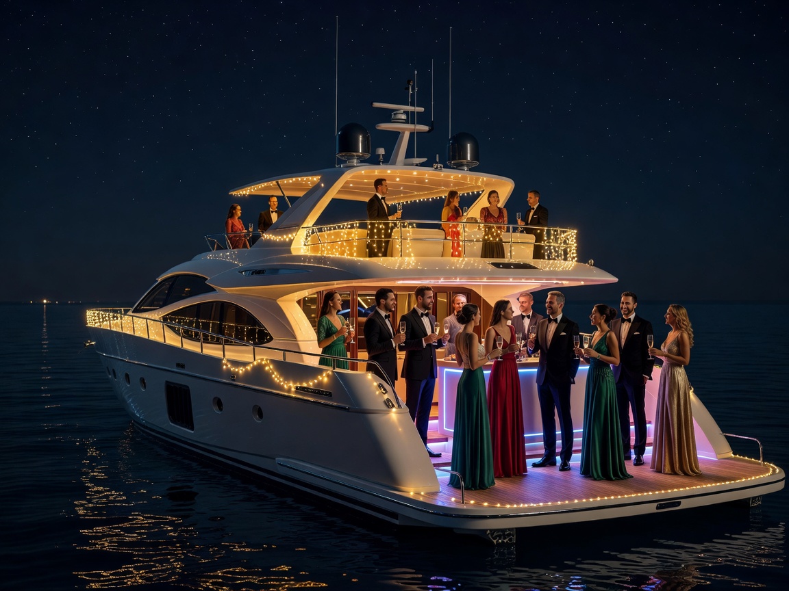 Luxury yacht party night celebration with glowing lights