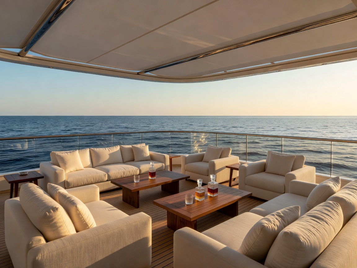Outdoor ocean luxury lounge space on yacht top deck