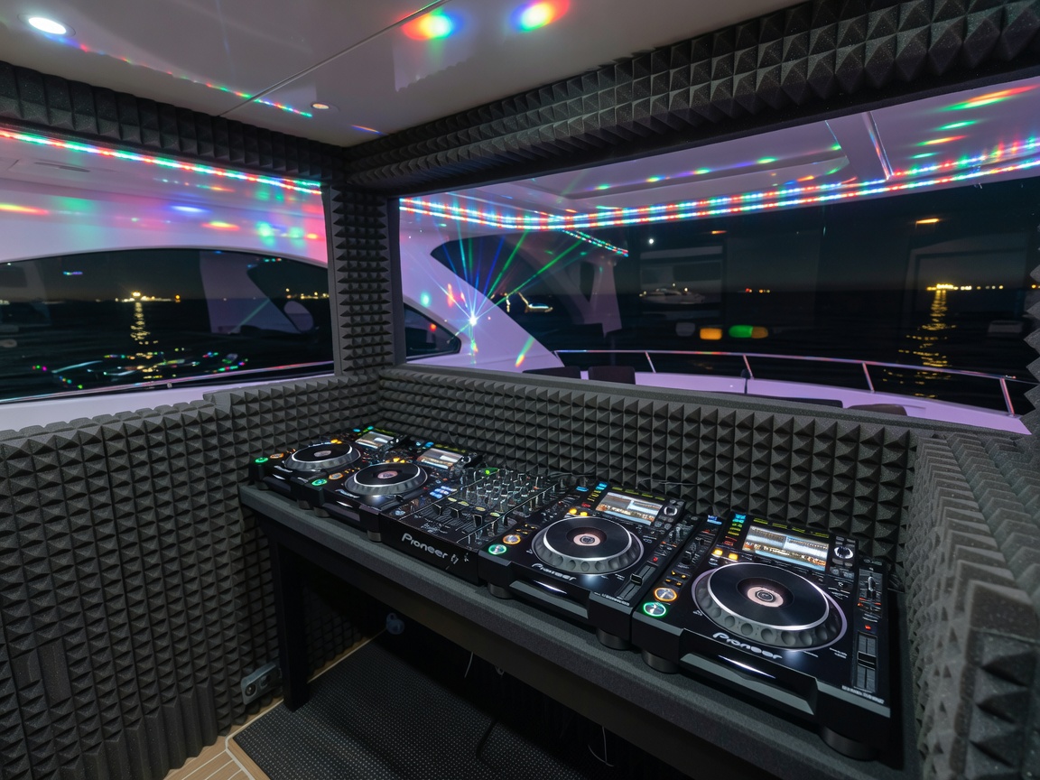 Professional Pioneer CDJ setup inside party yacht acoustic DJ booth
