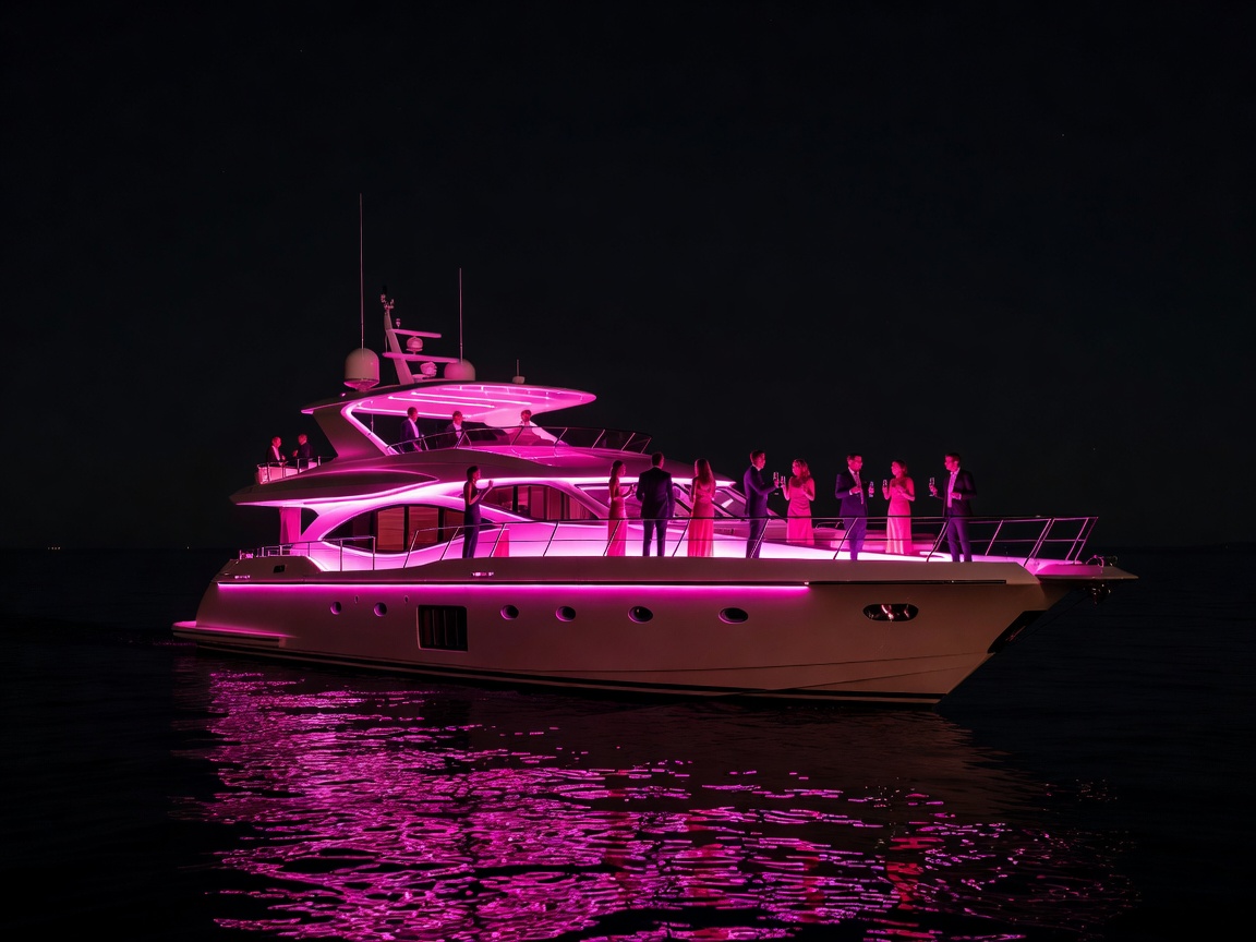 Reelbridgenexxus Party Yacht lit with glowing pink lighting at night