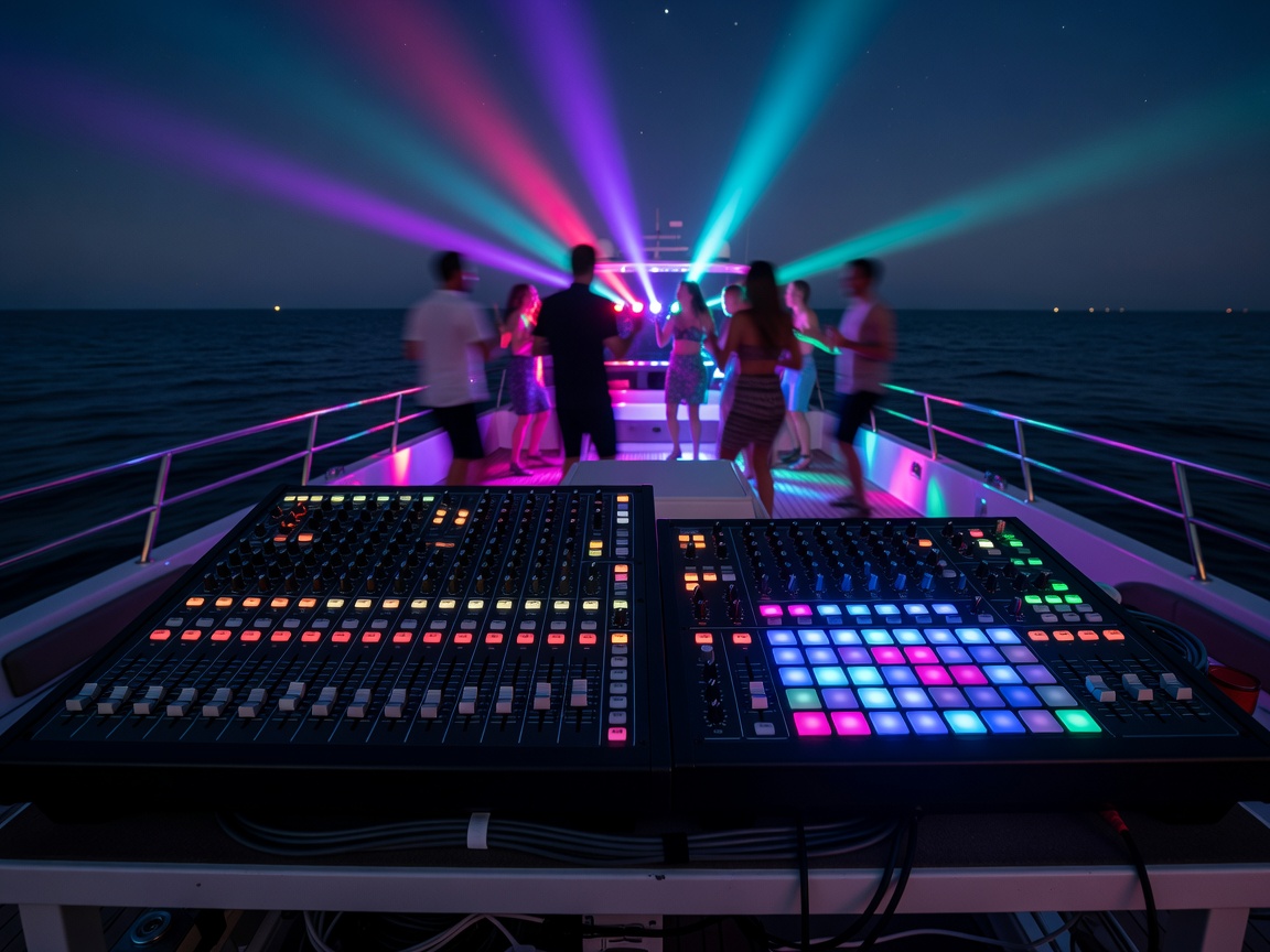 Soundboard and lighting controls for party yacht night show