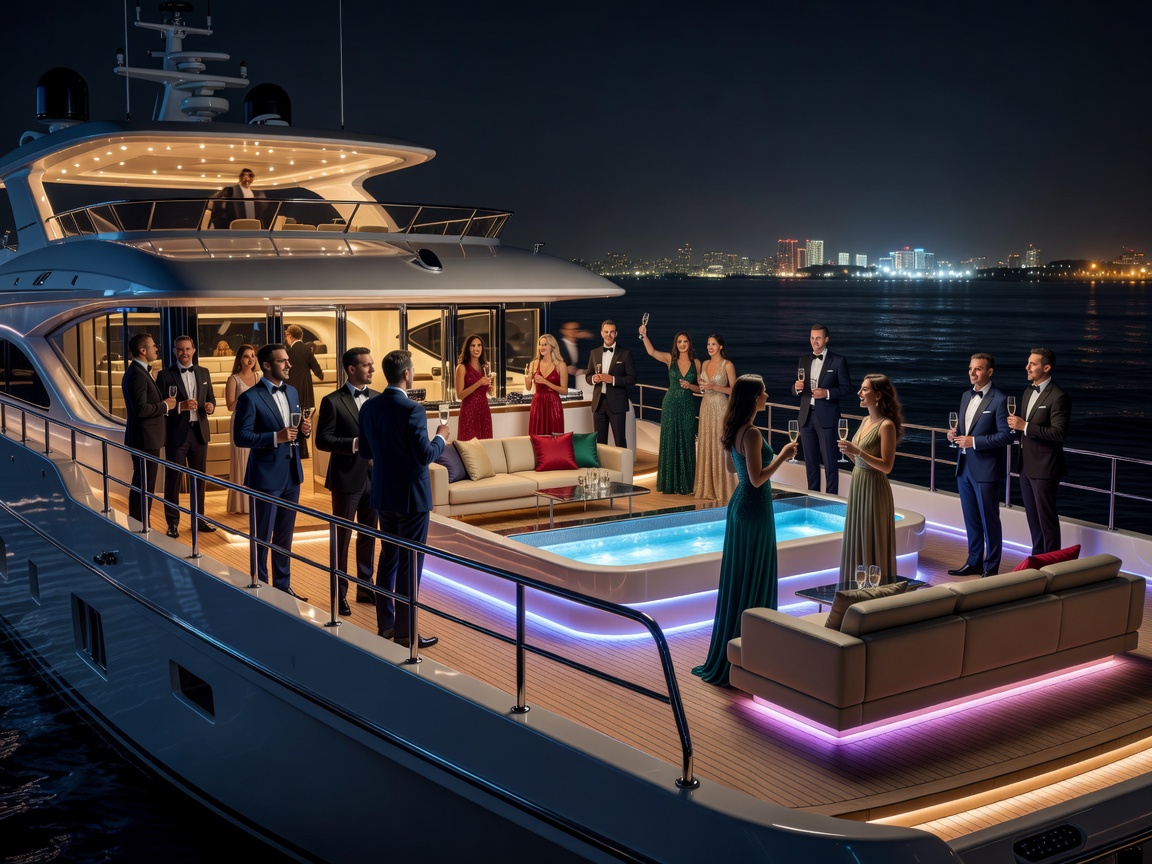 VIP party crowd enjoying night illumination on luxury yacht charter